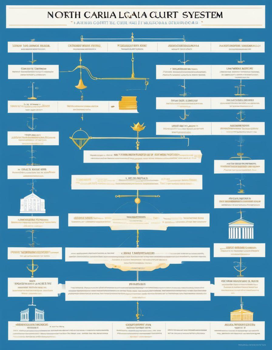 A detailed infographic showcasing the North Carolina court system, including various court buildings, scales of justice, and legal books. The background features a timeline with key legal dates highlighted, and icons representing different types of hearings. Use a clean layout with blue and gold color scheme to convey professionalism. super-realistic. vibrant colors. white background.