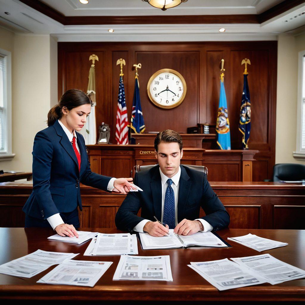 A visually engaging courtroom scene featuring a clock with its hands pointing to an upcoming court date, surrounded by legal documents and a calendar marking important dates. In the foreground, a confident attorney reviewing case files while a client looks on with a determined expression, symbolizing the importance of preparedness. The background subtly includes iconic North Carolina symbols like the state flag or outline. super-realistic. vibrant colors. dramatic lighting.